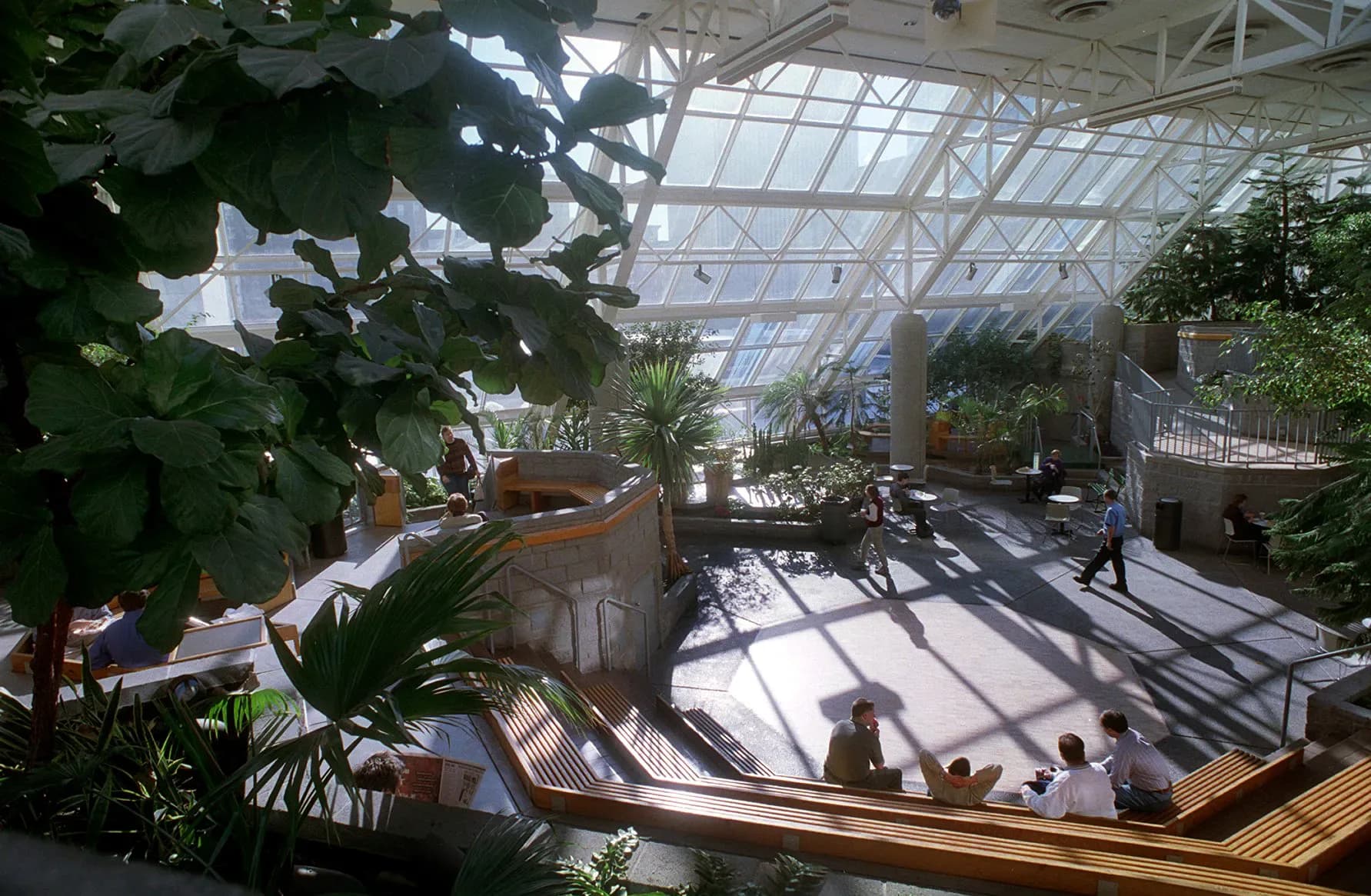 Town Square Park under its sloped glass truss roof — full-grown trees, terraced planters, wooden benches, and people lunching in winter sunlight