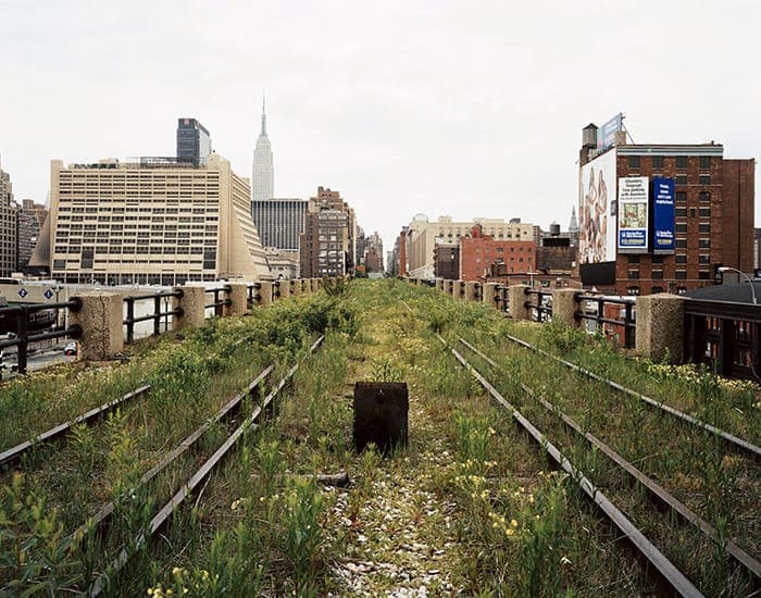 Joel Sternfeld's A Railroad Artifact, 30th Street, May 2000 — the abandoned High Line's twin tracks buried in self-seeded meadow, the Empire State Building beyond